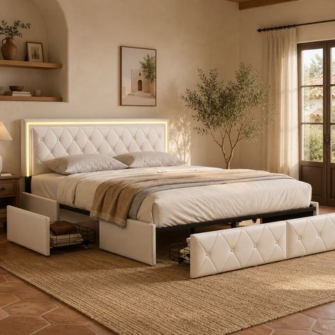 Lit Double pour Adultes, Lit coffre capitonné160x200, Lit rembourré 2 Personnes en PU, tête de lit coffre en coton réglable, avec LED et 4 tiroirs, Beige, sans matelas (1/5)