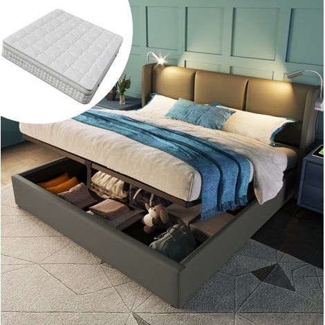 Letto imbottito contenitore 160x200 cm grigio in PU con testiera, luce lettura, USB e materasso H3 a 7 zone (1/5)