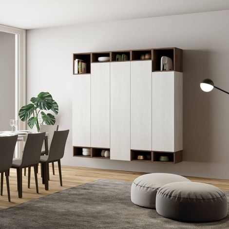 Parete soggiorno verticale Isoka A35 L.200 H.194 P.39,5 Bianco e Noce (1/4)