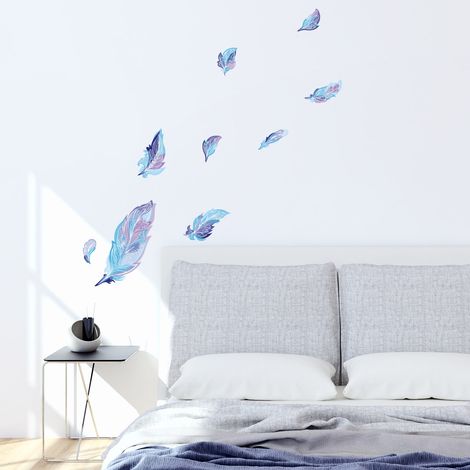 Stickers muraux Sticker Mural Autocollant - BOHÈME 9 PLUMES BLEU - adhésifs fond transparent - 110x115cm (1/5)
