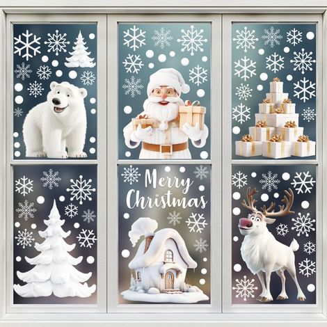 9 feuilles de stickers de Noël pour fenêtres (blancs) - Autocollants de Noël réutilisables pour fenêtres et vitres - Décorations de vitrines (1/5)