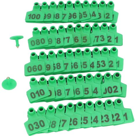 Boucles d'oreilles pour bétail - Lot de 100 - Numérotées 001-100 - En plastique durable vert - Pour vaches, chèvres, porcs - Identification animale (1/4)