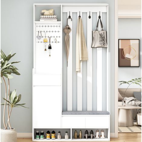 Mueble Entrada 6-en-1 Blanco Mdf Con Banqueta Tapizada, Panel Perforado, Cajón Y 4 Ganchos (1/5)