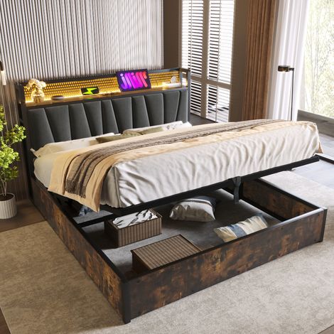 Lit coffre en lin gris 180x200 cm avec LED RGBW, tête de lit avec prises USB et sommier à lattes (1/5)