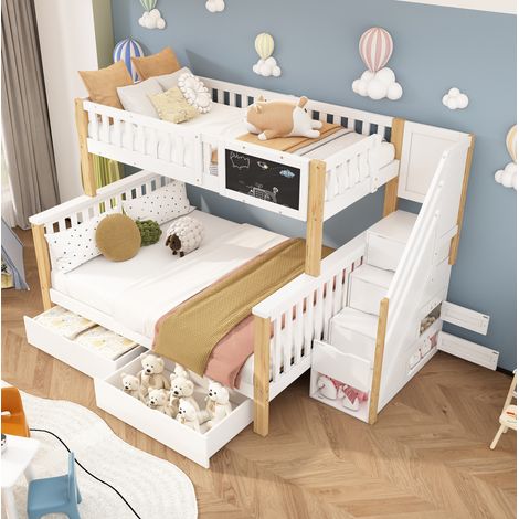 Letto a castello per bambini, con lavagna, contenitore, pino massiccio, bianco e rovere chiaro (1/5)