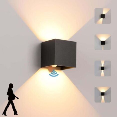 Aplique de pared LED de 12 W con sensor de movimiento, luz blanca cálida (3000 K), diseño moderno, resistente al agua (IP65), color negro.