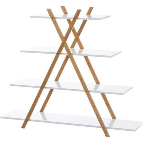 Étagère de rangement avec 4 tablette en bambou-MDF coloris naturel-blanc - Longueur 125 x Profondeur 30 x Hauteur 103 cm-JUANIO (1/4)