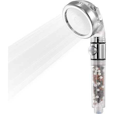 Douchette anticalcaire avec bouton marche/arrêt pause, 3 modes, douchette haute pression avec pierre minérale, pomme de douche filtrante 3 positions amovible et lavable (1/4)