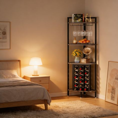 Rack à vin d'angle autoportant, 4 niveaux, étagère de rangement pour bouteilles, meuble en coin, couleur bois, idéal cave et salon (1/5)