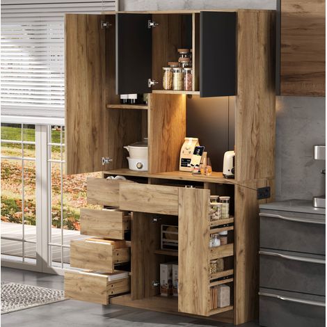MODFU – Aparador de cocina 185x105x40 cm de MDF con LED multicolor, USB Type-C, botellero y carga 30 kg – Negro/natural (1/5)