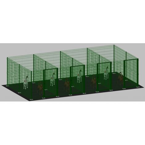 Recinto-Box Modulare per Cani in Ferro Zincato e Verniciato Verde-con Pali a Tassellare - cm 200x400x172h(per 4 box)