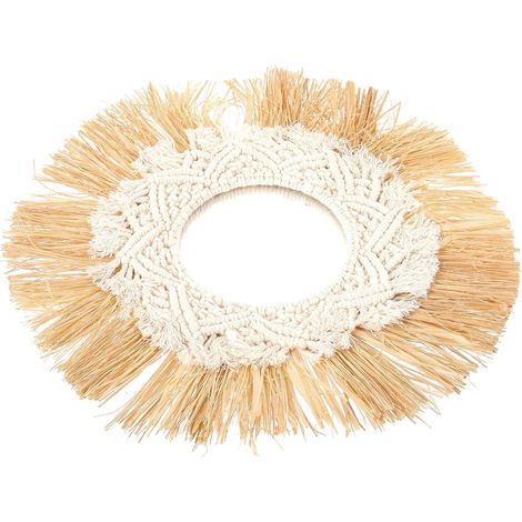 Miroir Mural Rond Suspendu en Tissage de Raphia Naturel, Décoration Bohème pour Salon et Chambre, Miroir Décoratif Artisanal 40 Cm, Style Campagnard et Rustique (1/5)