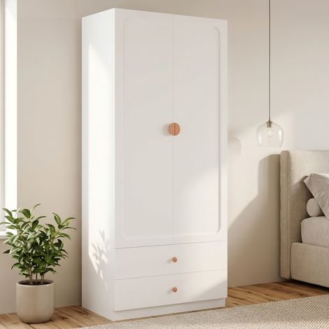 Armoire 200 cm 2 portes avec poignées en bois massif, 2 tiroirs et penderie avec tringle, meuble de rangement moderne en MDF et acier, Blanc (1/5)