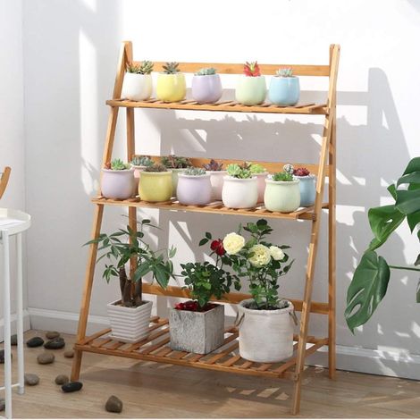 Porte Plante Intérieur Bambou, Étagère Plante Extérieur 3 Niveaux Petite Support pour Plantes Pliable Échelle pour Fleur, pour Balcon Salon Jardin Terrasse, 70x40x96cm (1/5)