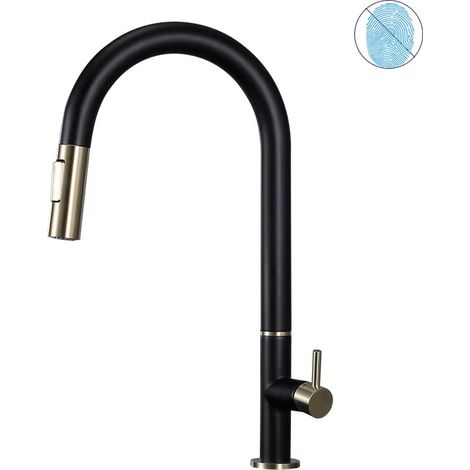 Robinet de cuisine noir avec douchette extractible, évier de cuisine pivotant, mitigeur chaud et froid, robinet en laiton