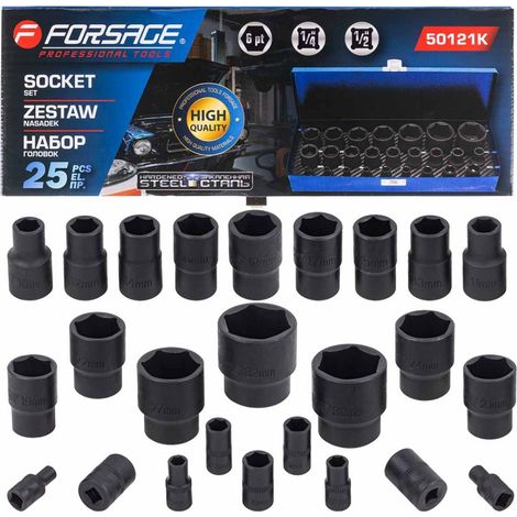 Set di bussole a impatto da 1/2", 1/4", 4-32 mm, 6 punte, custodia da 25 pezzi (1/5)