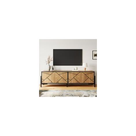 Meuble TV, 153 x 40 x 50 cm, meuble bas, support TV avec 4 portes, pour les téléviseurs d'environ 65 pouces, couleur bois naturel avec lignes noires (1/4)