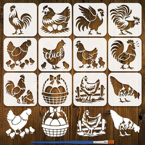 Painting Stencils with Brush 15 x 15 cm Styles Chick Chickens Rooster Eggs Model Drawing Template Decoration Art DIY Stencil for Painting on Wood Walls Fabric Furniture (1/4)