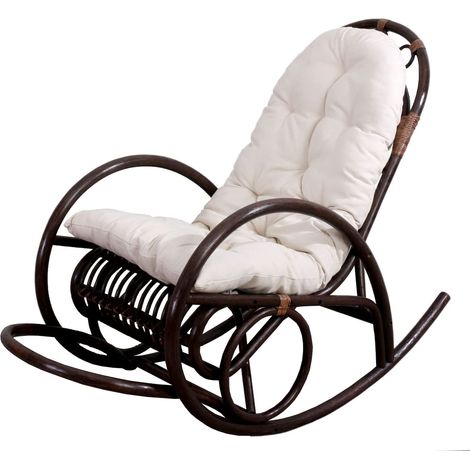 Fauteuil chaise à bascule rocking chair relaxation design rustique en rotin marron coussin blanc 040002050