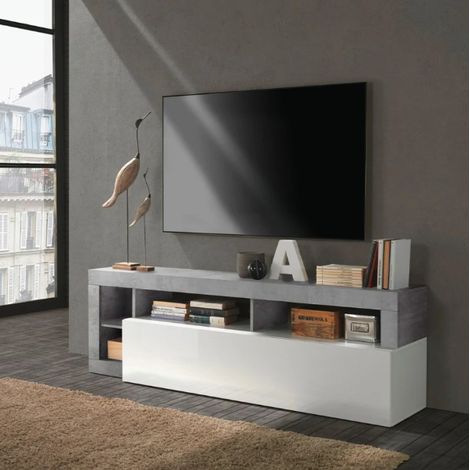 Meuble TV HAMBURG – Blanc laqué brillant / Béton (1/3)