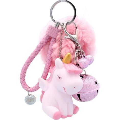 Porte-clés licorne porte-bonheur en gel de silice, pompon en fausse fourrure duveteuse avec chaînette et grelots, décoration pour