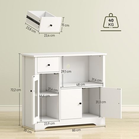 Meuble de cuisine avec passe-câbles, commode à 2 tiroirs, compartiment ouvert, tiroir, 80 x 35 x 72,2 cm, panneaux de particules, blanc (1/5)
