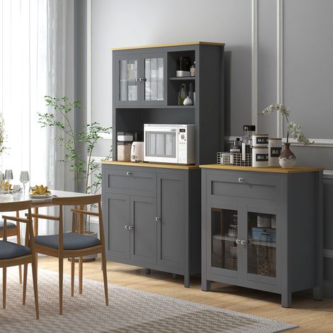 Armoire de cuisine buffet cuisine 5 portes dont 2 portes vitrées et 1 tiroir. 1 niche centrale - hauteur 180 cm gris