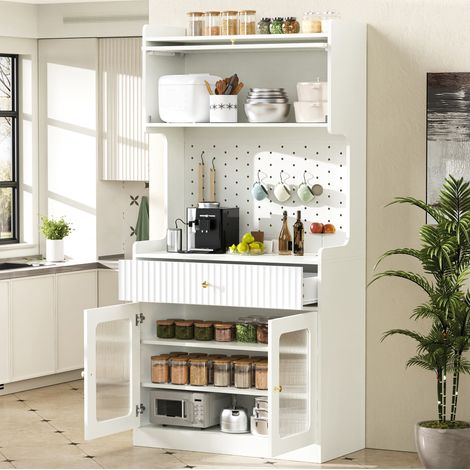 Aparador alto con LED, puertas de vidrio estriado, 80 x 40 x 180 cm, blanco DESVIAE (1/5)