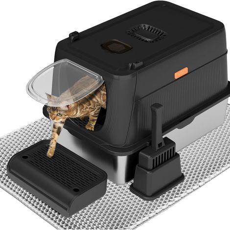 Stainless Steel Cat Litter Tray Extra Large Closed Removable Metal Cat Litter Tray with Litter Scoop and Litter Mat, Removable with Hidden Activated Carbon Box on Top, Black (1/5)