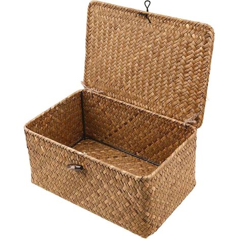 Panier de rangement en osier tressé avec couvercles en jonc de mer pour salle de bain, salon, cuisine (XL) Naturel (1/5)