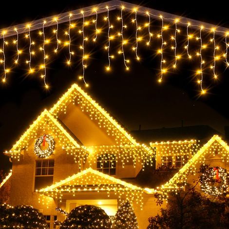 Guirlande Lumineuse Rideau, 7.5M 300LED Guirlande Lumineuse Noel Exterieure et Intérieur Étanche IP44, 8 Modes Guirlande Iumineuse pour Décoration Noel, Balcon, Toit, Jardin, Blanc Chaud