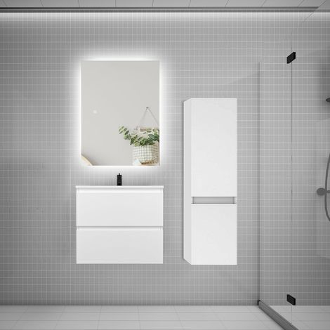 Ensemble meuble de salle de bain et lavabo blanc ( L.60 cm) 2 tiroirs + meuble haut + lavabo + miroir LED