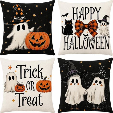 Fundas de cojín de Halloween de 45x45 cm (juego de 4), decoraciones de Halloween, decoraciones espeluznantes: fantasma, calabaza, gato negro, para el hogar. (1/4)