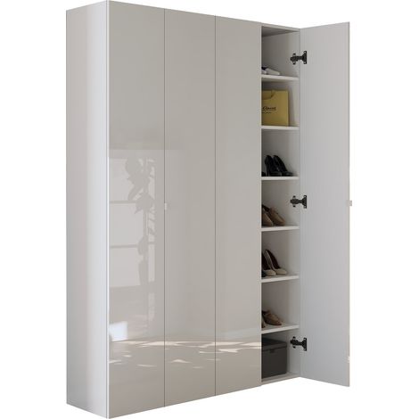 Breites Schuhregal, Schuhschrank 42 Paar, 12 Regalböden, Made in Italy, 4 Türen, 126x35x186h cm, Weiß Hochglanz