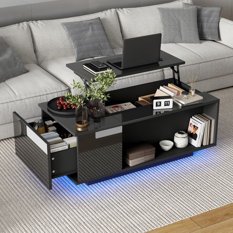 Table Basse Relevable Hydraulique avec LED et Tiroir - 100x50x40cm - Table de Salon Finition Brillante avec Rangement Caché - Noir (1/5)
