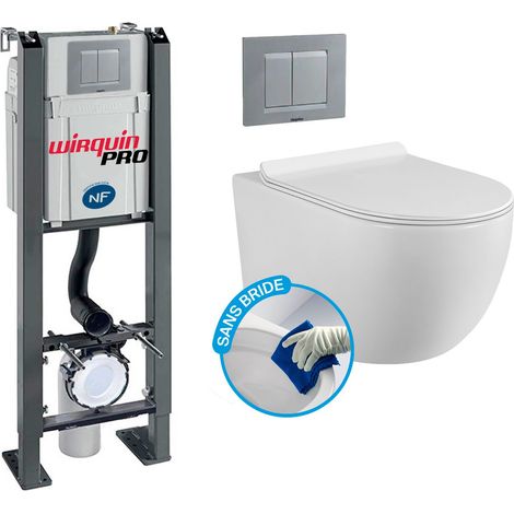 Wirquin Pro – Pack complet WC suspendu sans bride – Bâti autoportant avec cuvette en céramique blanche – Abattant thermodur ultra fin avec frein de chute