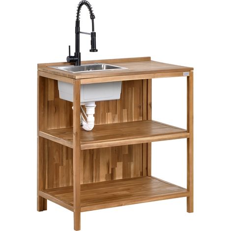 Isla de cocina exterior de madera de acacia con fregadero y grifo estantes 50 x 80 x 90 cm encimera de madera maciza acero inoxidable marrón y negro Venosa