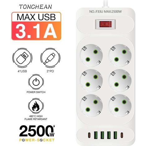 Multiprise Murale 6 Prises et 4 USB avec 2 USB C, Electrique 12 en 1, Multiprise Secteur pour la Maison Le Bureau Blanc (1/4)