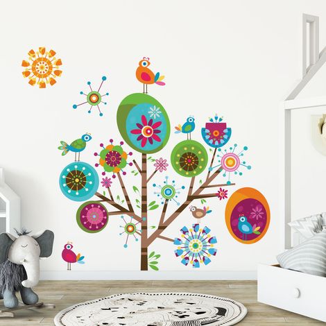 Stickers muraux Sticker Mural Autocollant - ENFANT ARBRE MULTICOLOR - adhésifs fond transparent - 80x95cm (1/5)