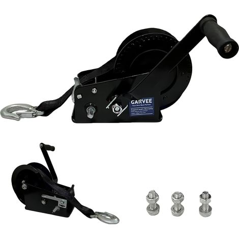 Treuil manuel professionnel 3500 lbs pour remorque bateau – Double vitesse 4:1/8:1, cliquet bidirectionnel, sangle 10m, poignée standard – Idéal bateau, remorque, camion, RV, ATV, jet-ski – Noir, poig (1/5)