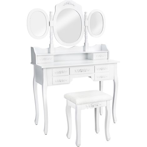 Coiffeuse bois avec 3 miroirs 7 tiroirs tabouret rembourré blanc (1/5)
