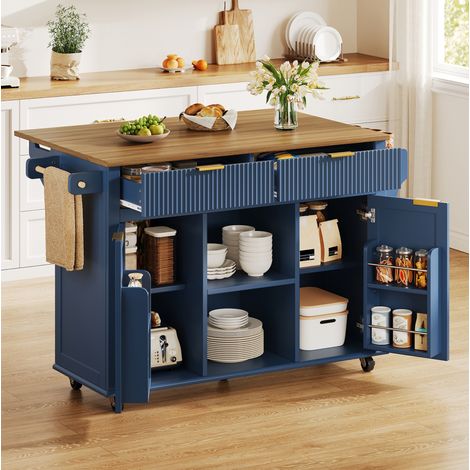 Mueble de cocina con ruedas y encimera abatible, 2 cajones, 2 puertas, azul DESVIAE (1/5)