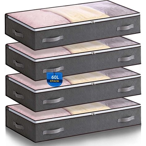 Set of 4 Foldable Under-Bed Storage Bags, 60 L Clothes Storage Bag, Under Bed Storage Box with Transparent Window Closet Organizer for Storage of Duvet Clothes (1/5)