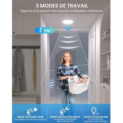 Plafonnier avec Capteur de Mouvement, Plafonnier Rechargeable sans Fil Alimenté par Batterie avec Télécommande, Dimmable, 3 Températures de Couleur pour Chambre à Coucher, Garage, Porche (1/4)