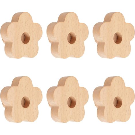6 Poignées en bois, forme fleur, hêtre naturel, 1 trou, pour tiroir, placard, armoire