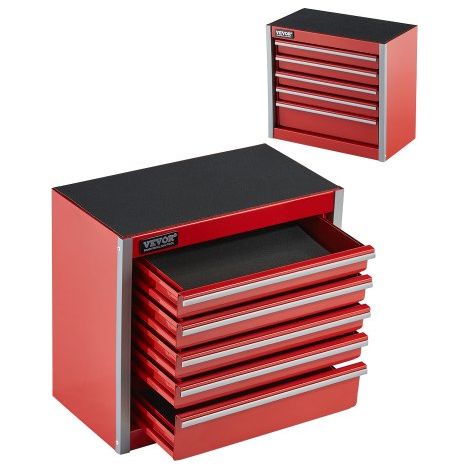 Werkzeugkiste 218 x 118 x 205 mm, Werkzeugkasten aus Metall mit 5 Schubladen, Werkzeugkoffer mit EVA-Einlagen und PP-Fußpolstern, robuster Stahl mit Kugellageröffnung und Pulverbeschichtung, rot (1/5)