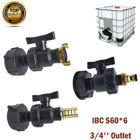 IBC-Adapter, Tankarmaturen - Wasseranschlusssets für Schlauchanschluss mit Widerhaken (S60 x 6 + Ventil + 1,9 cm Anschluss) (1/2)
