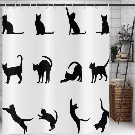 1 Rideau de douche, Chat noir, Polyester étanche, 120x200 cm, Lavable, Salle de bain