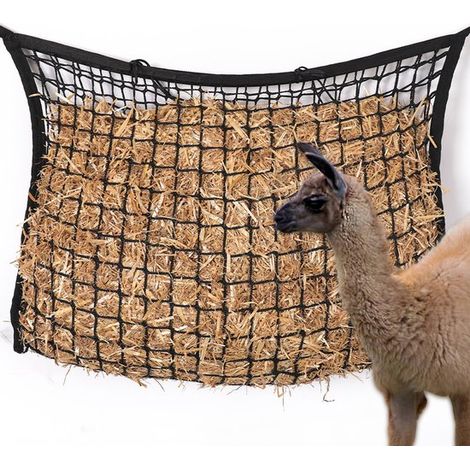 Filet à foin pour chevaux 120 x 90 cm, sac d'alimentation suspendu renforcé, slow feeder pour chevaux, filet à foin robuste pour écurie, noir (1/5)