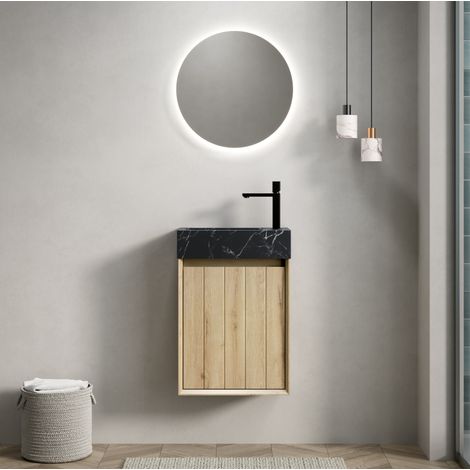 Mueble de baño mural con lavabo 40 cm, 1 puerta, mármol negro y madera clara HAVRYA (1/5)